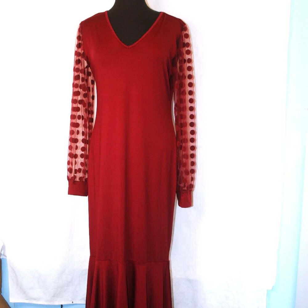 Smooth Burgundy long gown with Sheer Sleeves